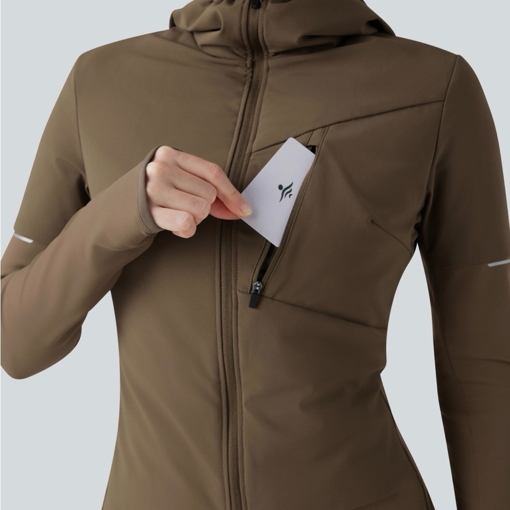 Halara Hooded Zipper Long Sleeve Thumb Hole Running Down Jacket Otter NWT Medium - Picture 3 of 14